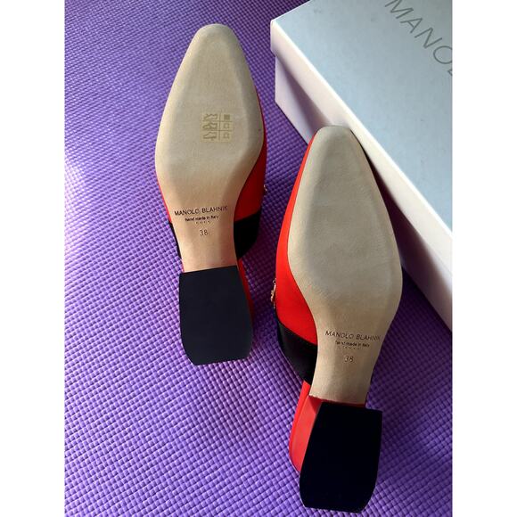 Manolo Blahnik RARE Red Black Silk Embellished Mules Clogs Size 38 NEW Shoes - Picture 8 of 9